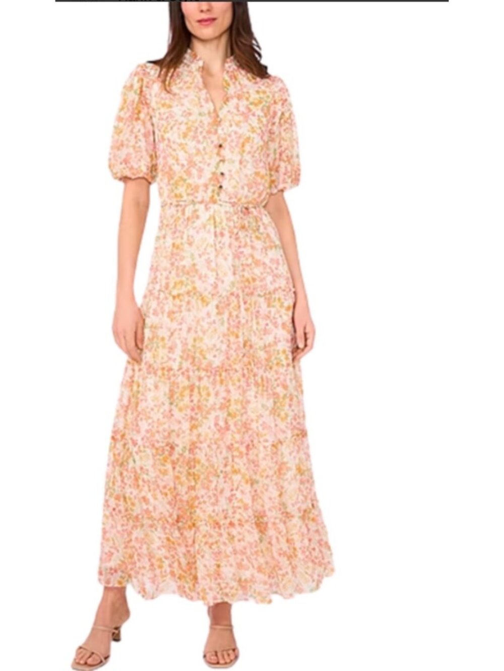 Sam And Jess Women's Floral Maxi Dress 2X  Puff Sleeves Button-Front & Tie Waist